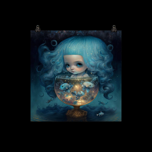 Blue Girl And Her Fishies Poster Print