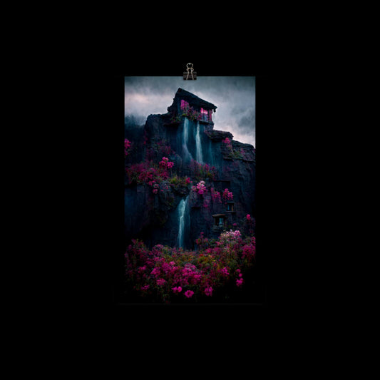 Pink Waterfall Mansion Poster Print 18"x12"