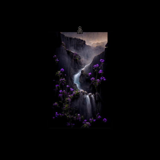 Waterfall and Purple Flowers #1 Poster Print 18"x12"