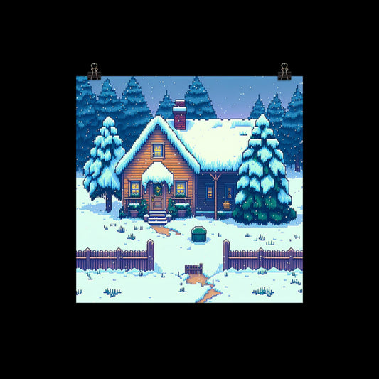 Winter Cabin Pixel Art #3 Poster Print