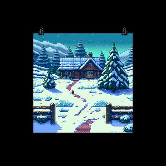 Winter Cabin Pixel Art #2 Poster Print