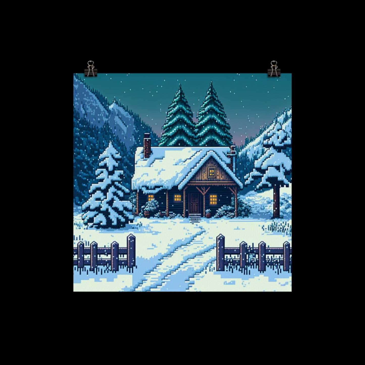Winter Cabin Pixel Art #4 Poster Print
